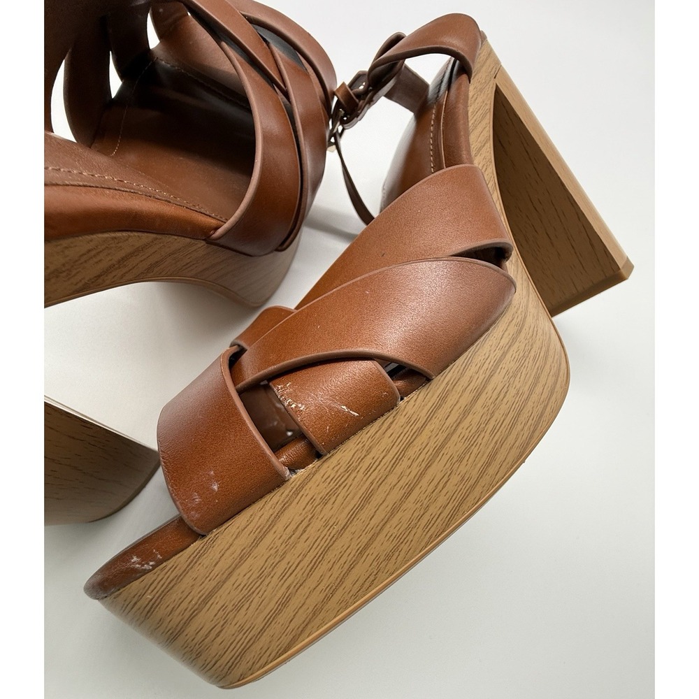 Zara Leather Platform retro chunky Strappy Wooden‎ Heeled Sandals Size 10 - Picture 7 of 15